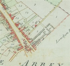 Fig. 1: The Kinder brewery, St Peters Street (marked 1; in the corner created by Chequer Street & Victoria Street where the Maltings shopping centre is today) | St Peters parish map, 1826, HALS DP/93/29/9