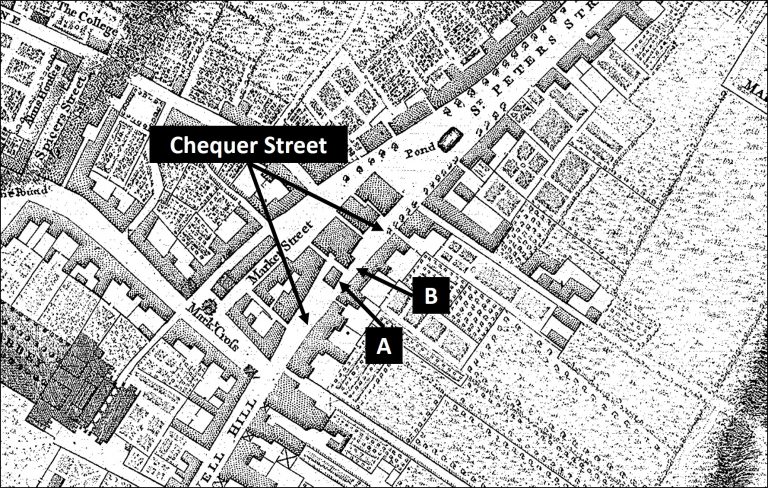 Map of St Albans showing location of Chequer Street and the two blockages (based on Andrews & Wren map, 1766) | SAHAAS Library