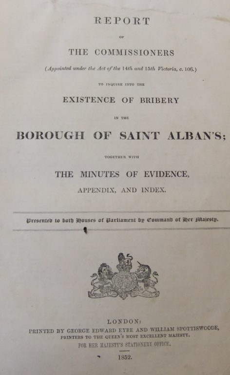 Frontispiece of the report by the Parliamentary Commission on fraud in the St Albans by-election of 1850 | (SAHAAS)